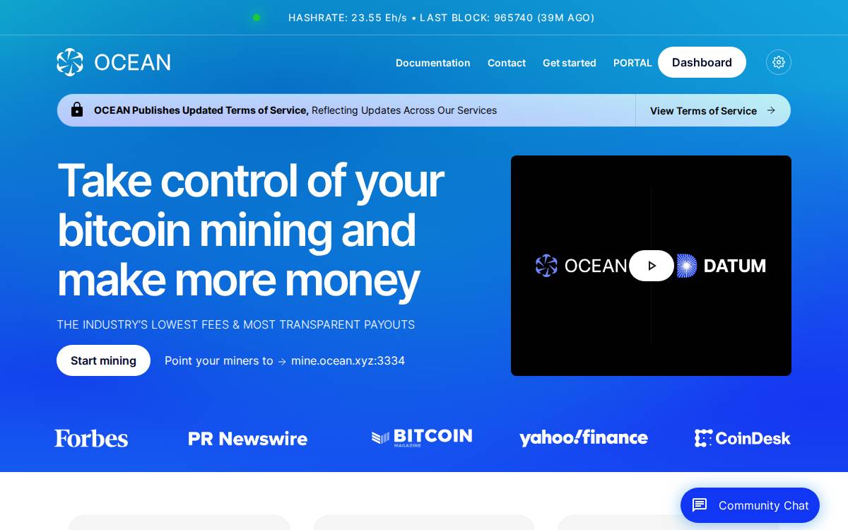 Ocean Decentralized mining pool website preview