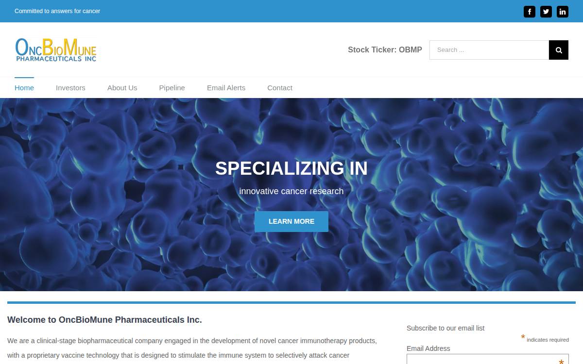 OncBioMune Pharmaceuticals website preview