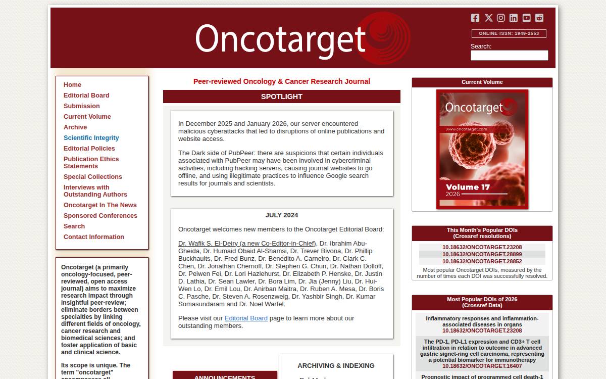 Oncotarget website preview