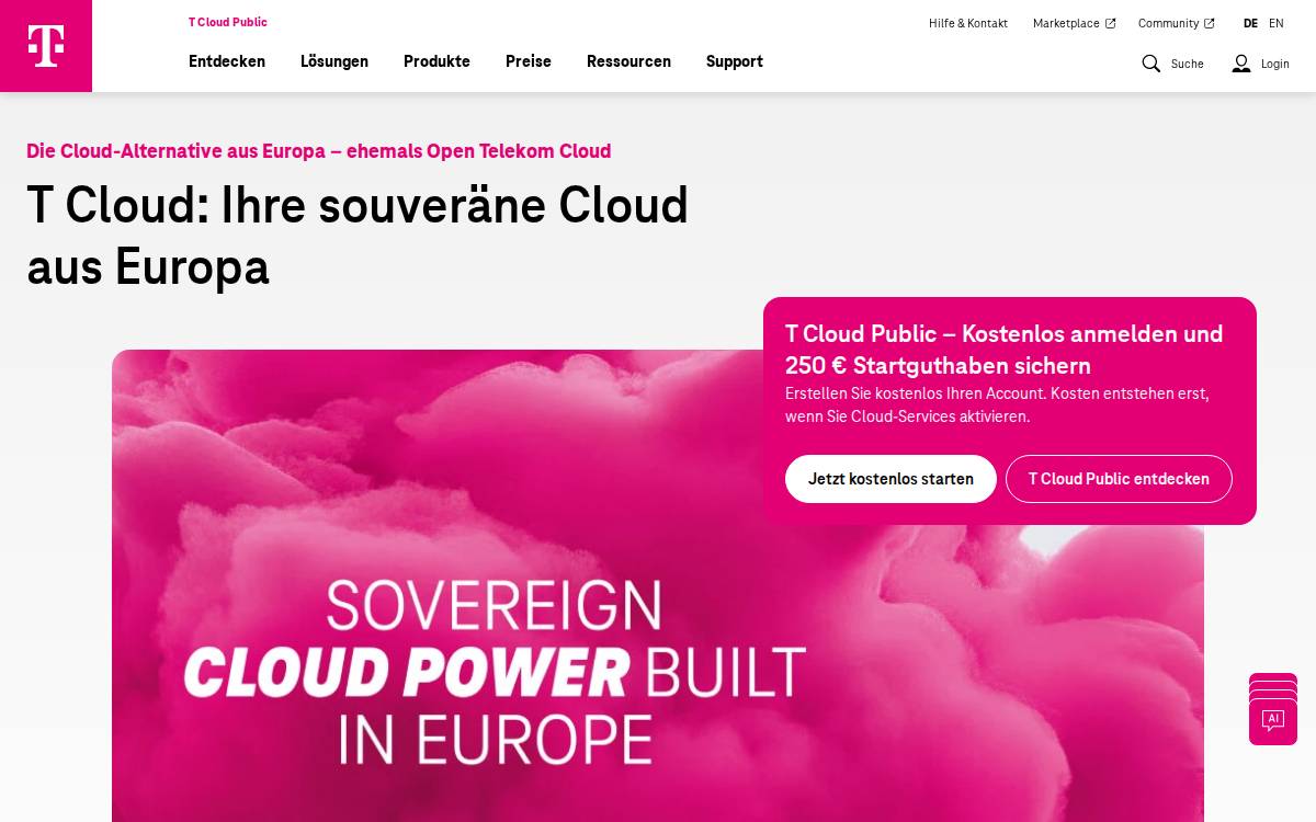 Open Telekom Cloud website preview
