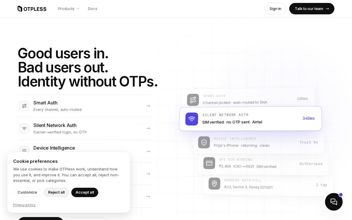 OTPless website preview