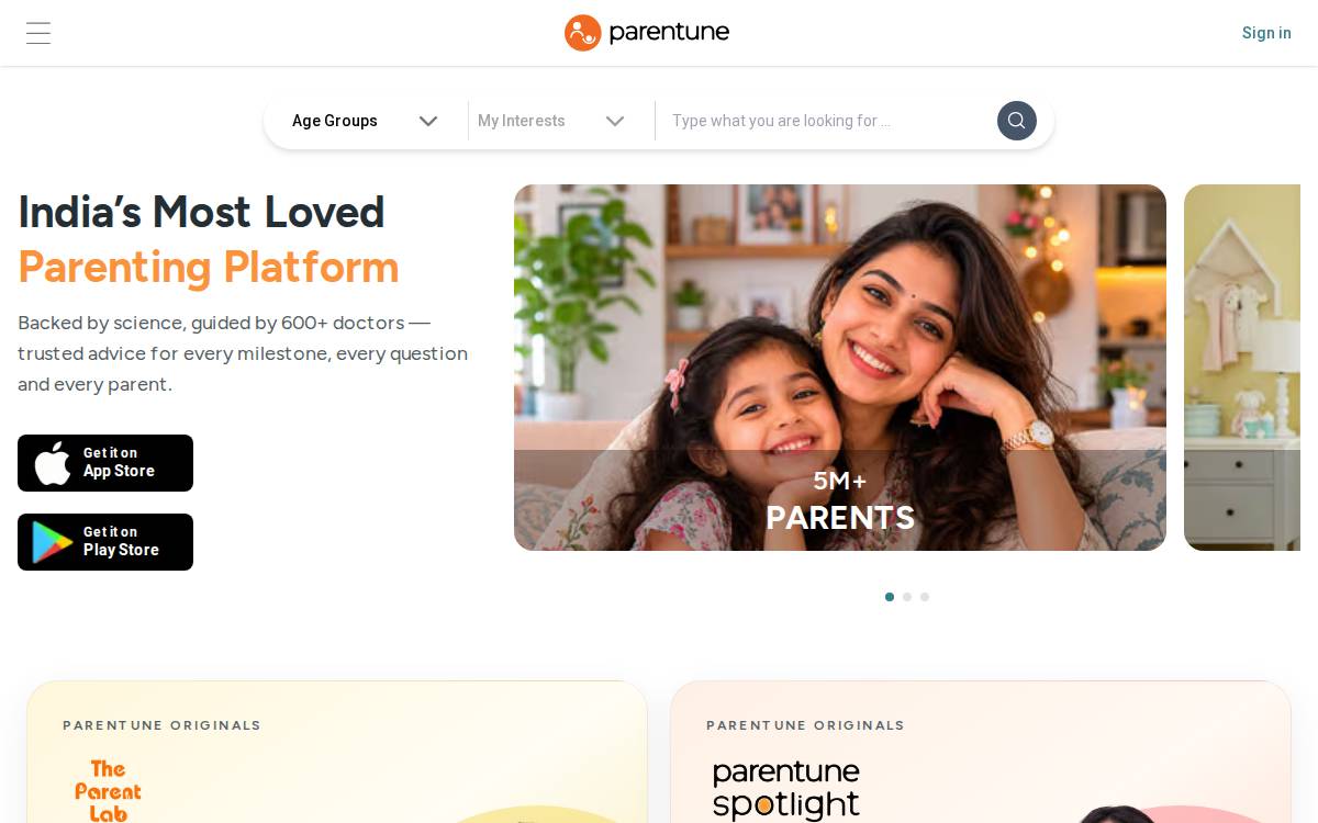 Parentune website preview