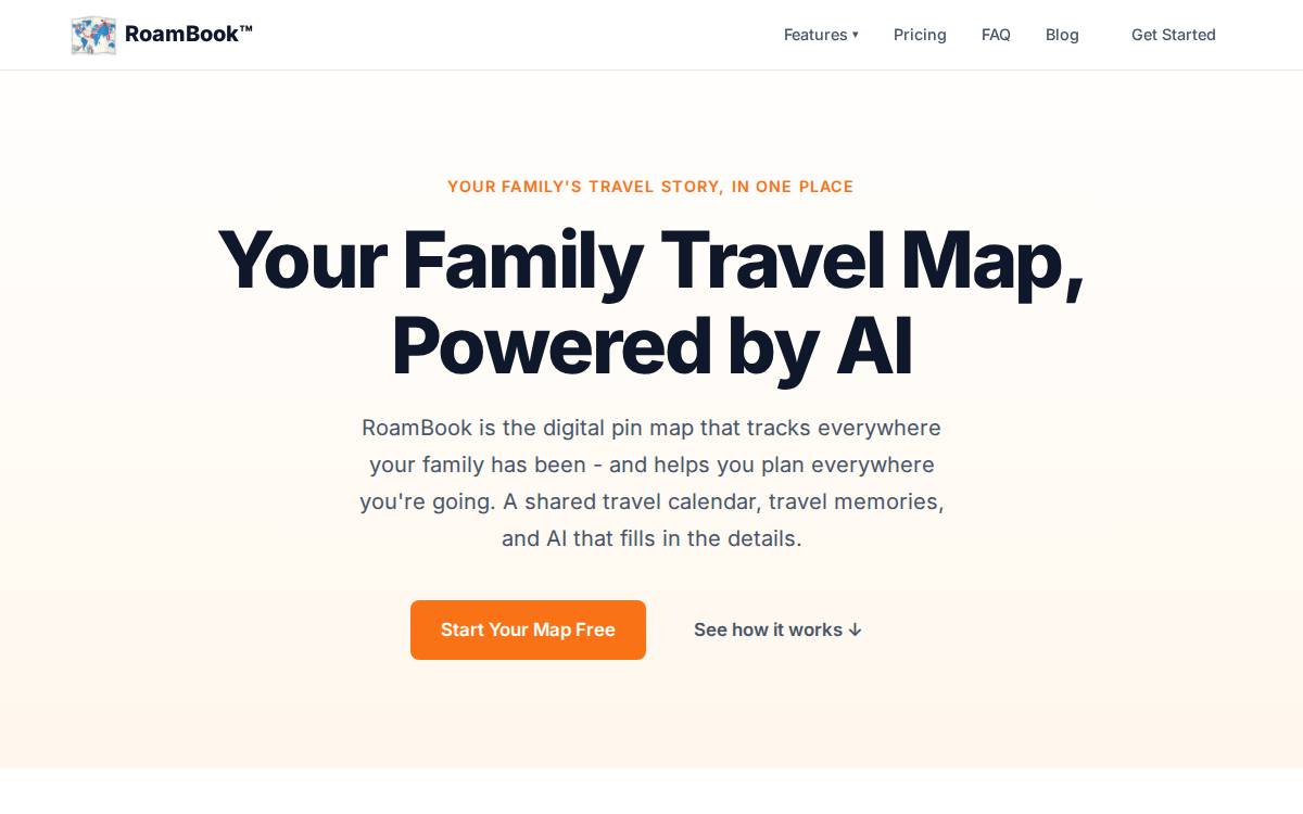 R RoamBook AI-powered travel planning for families Consumer website preview