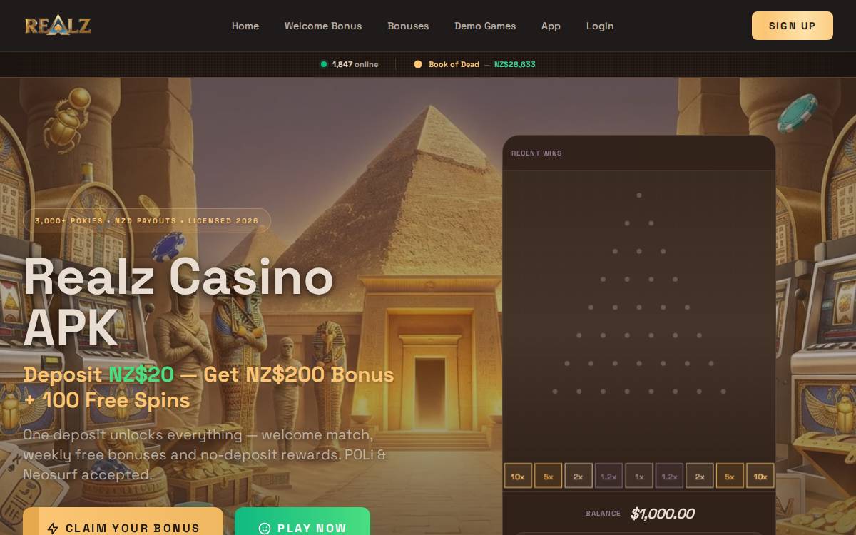 realz casino nz website preview