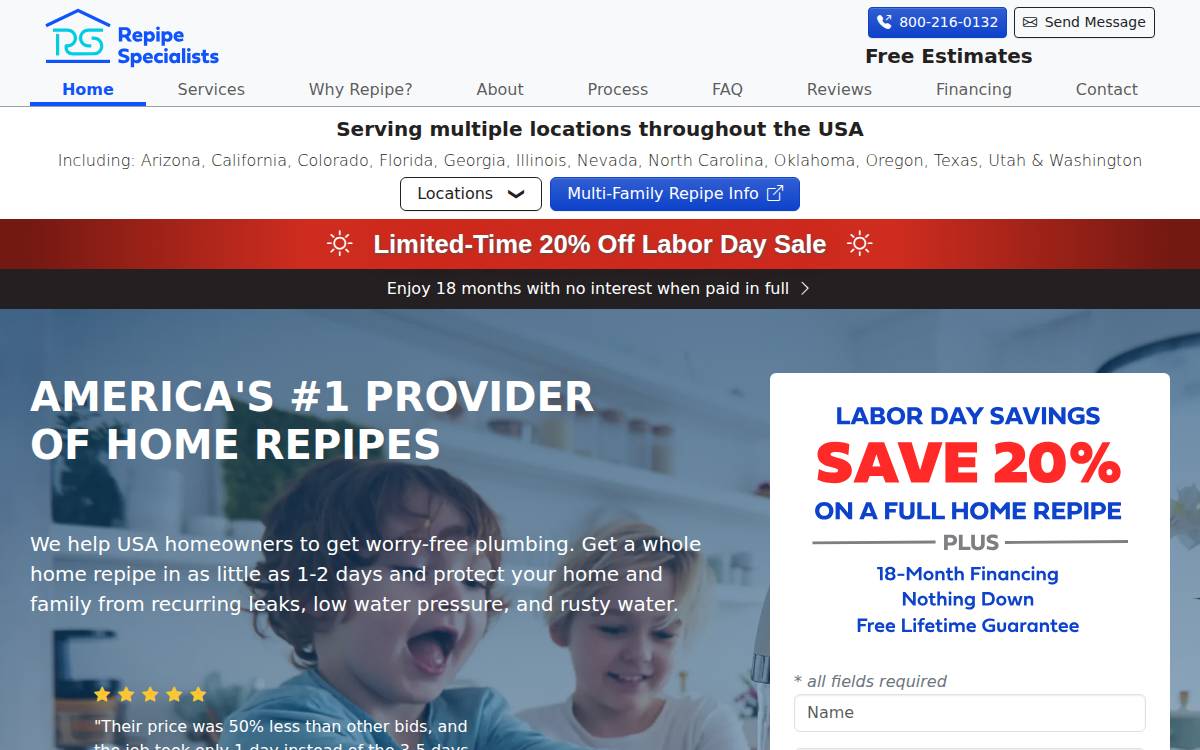 Repipe Specialists website preview
