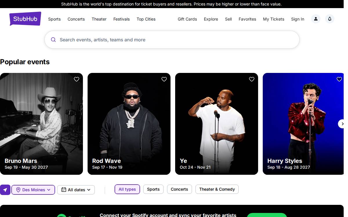 StubHub website preview