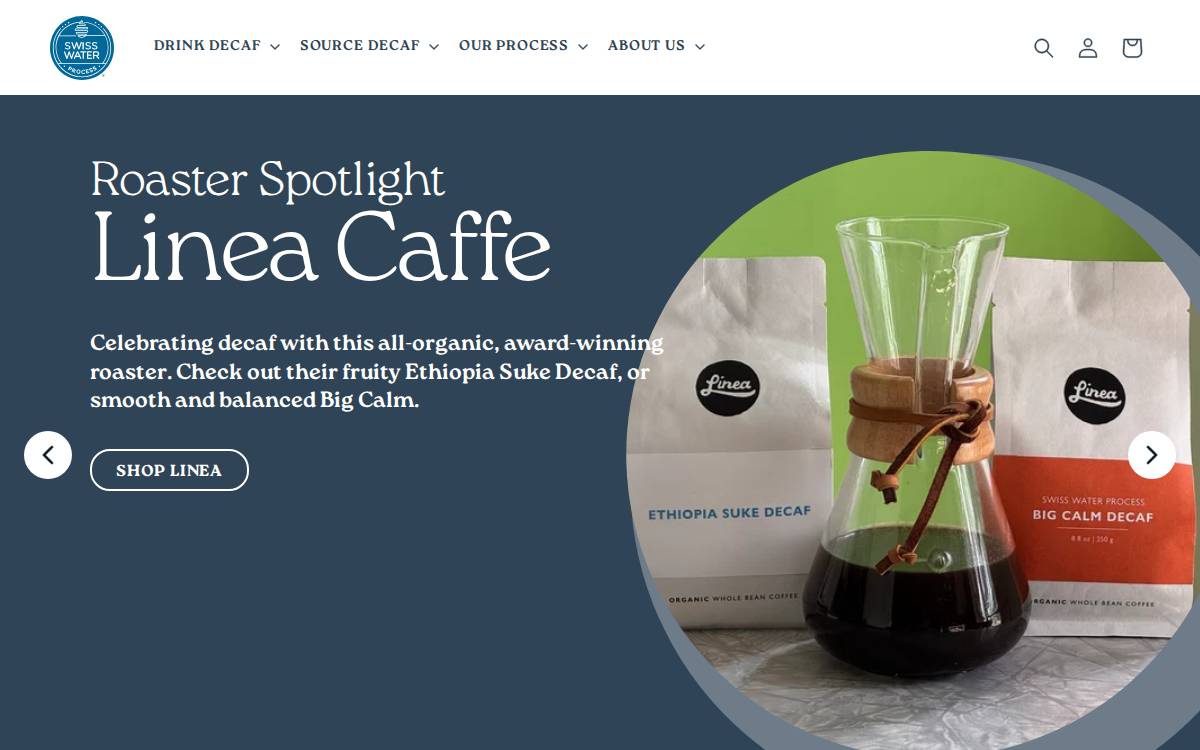 Swiss Water Decaffeinated Coffee website preview