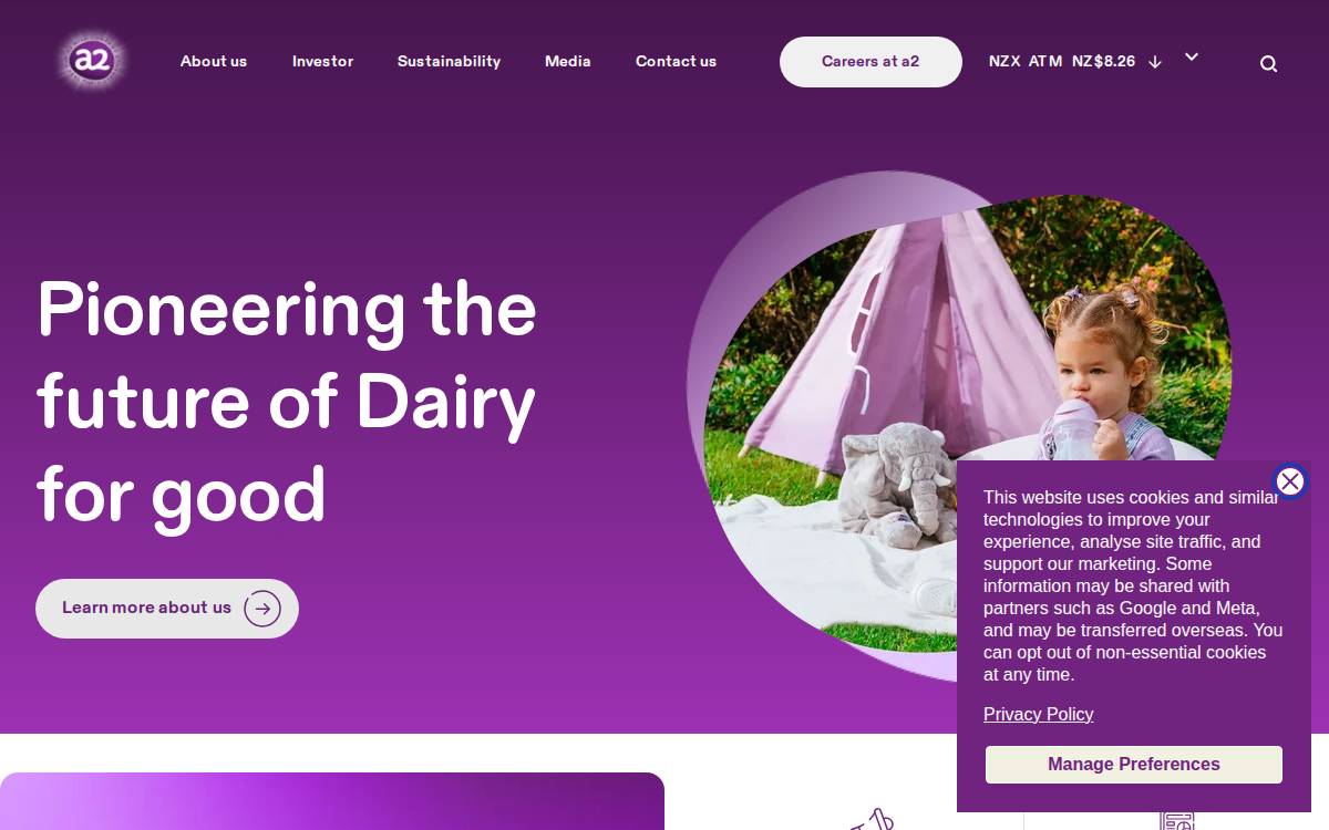 The a2 Milk Company website preview