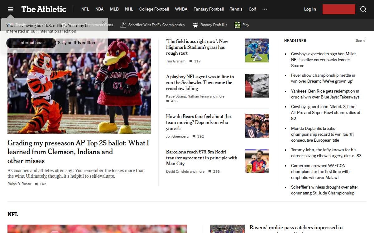 The Athletic website preview