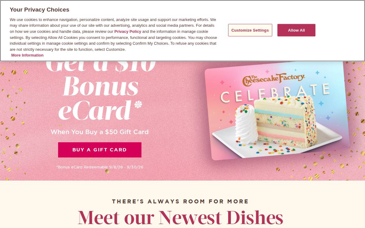 The Cheesecake Factory website preview