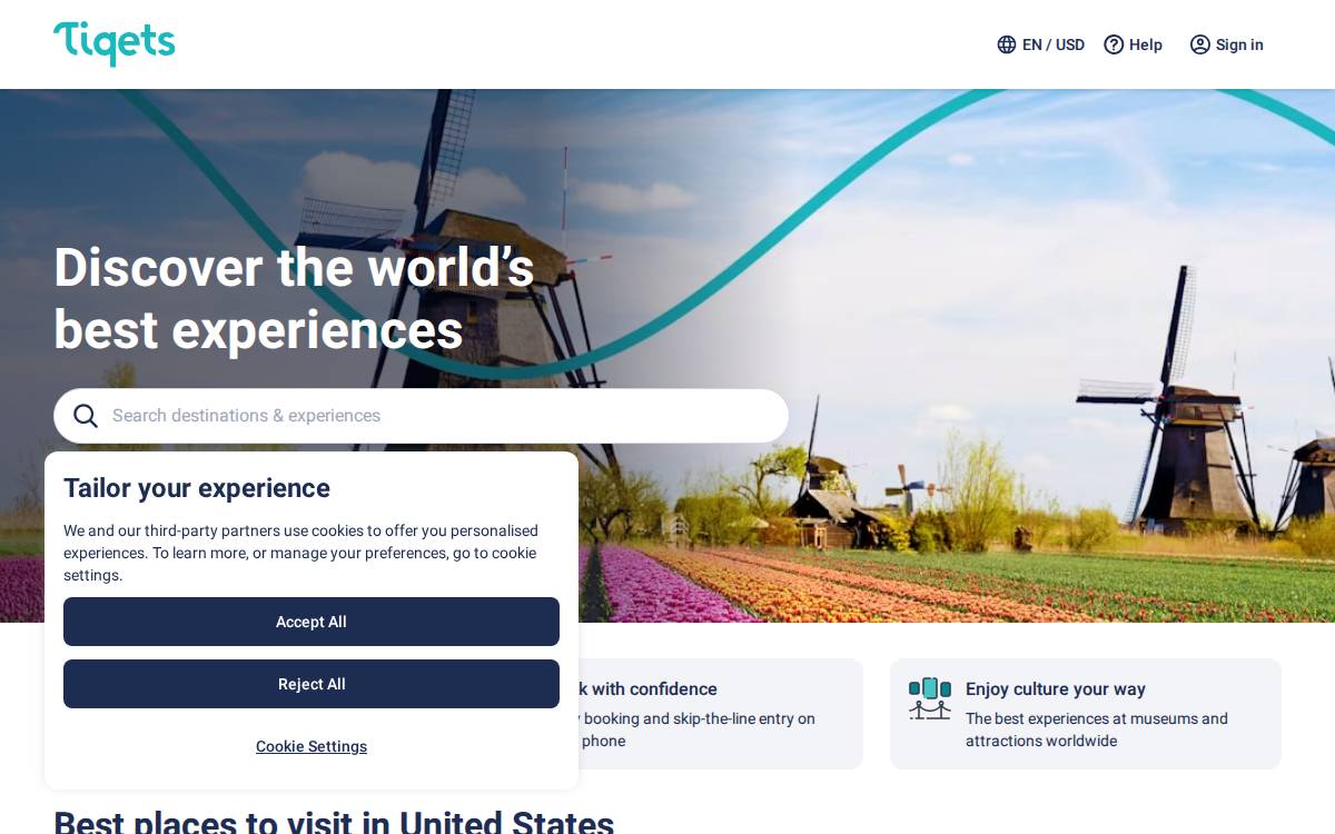 Tiqets website preview