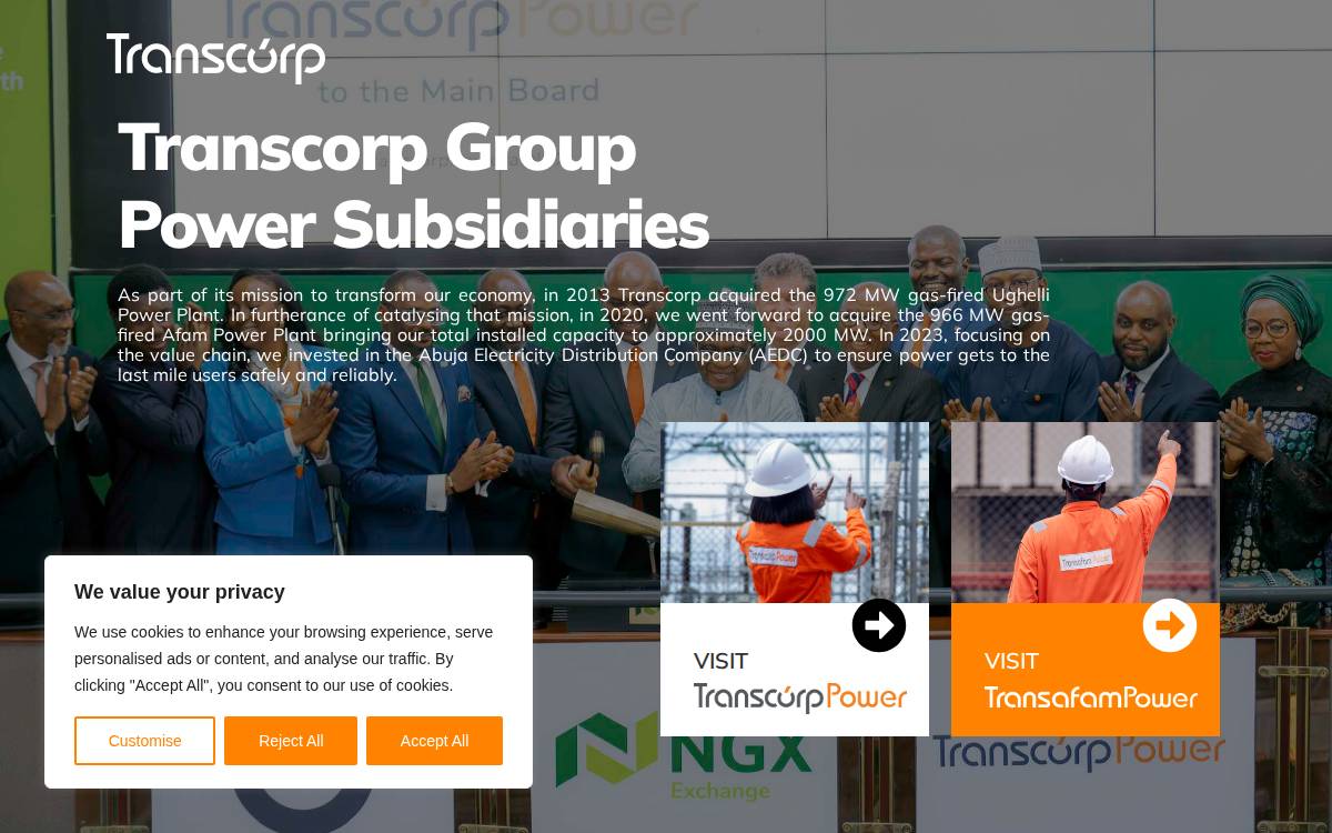 Transcorp Power website preview