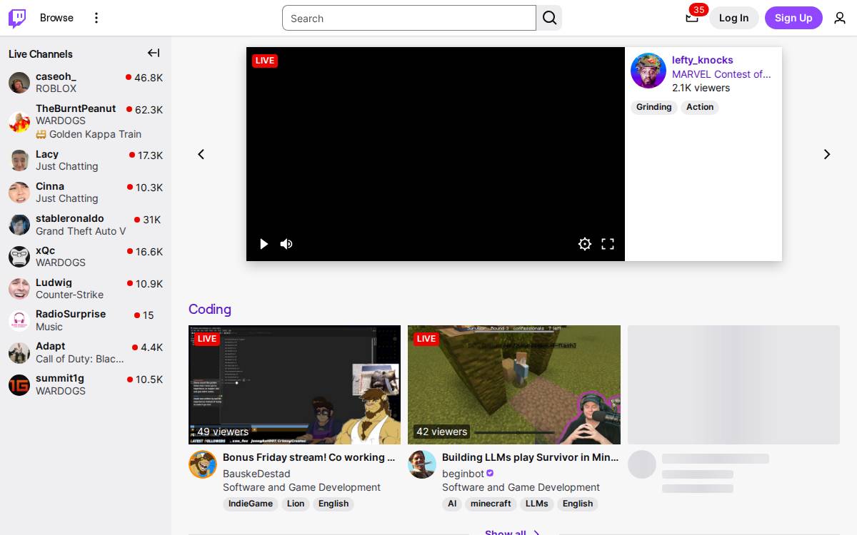Twitch website preview