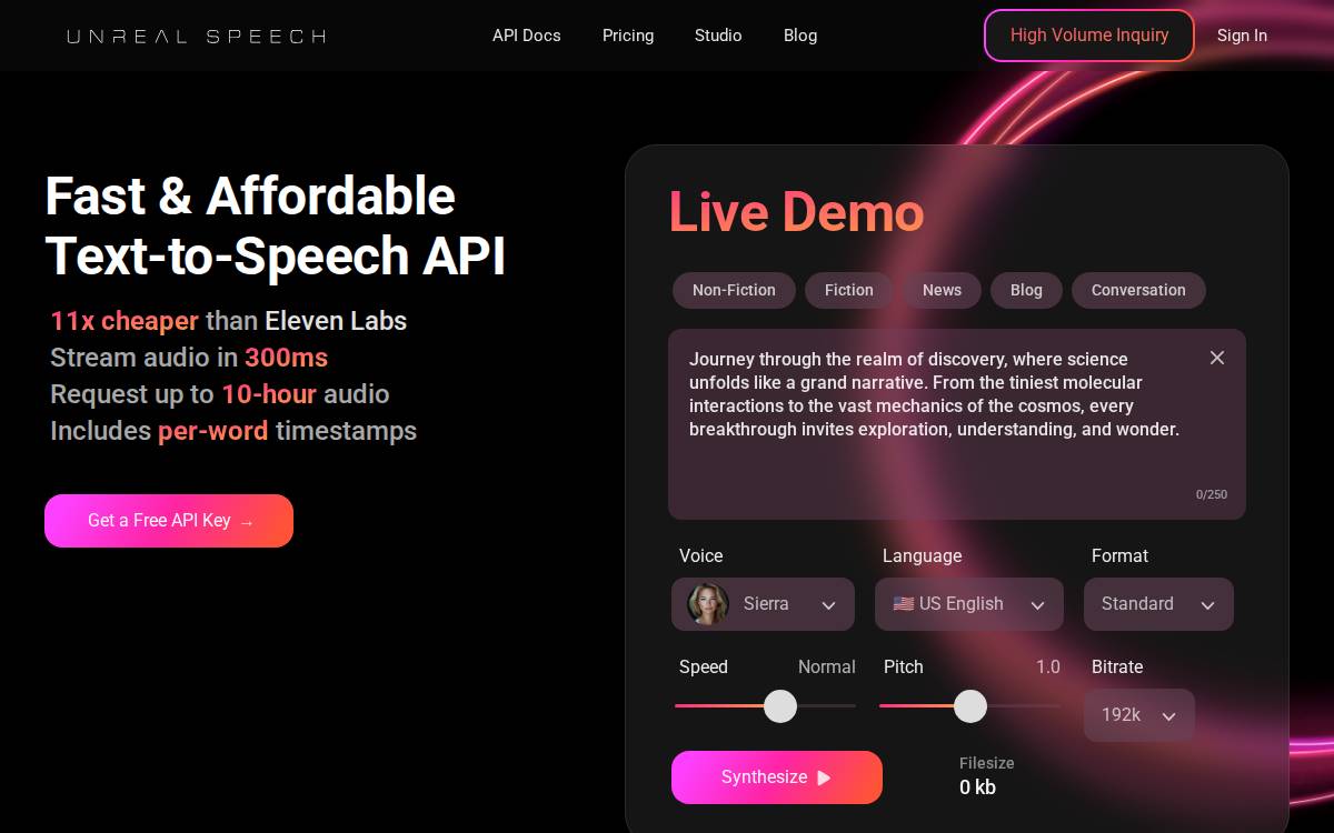 Unreal Speech website preview