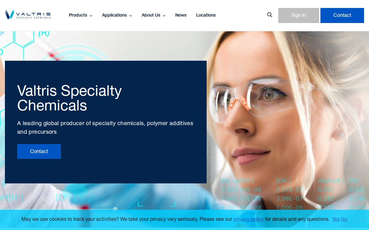 Valtris Specialty Chemicals website preview