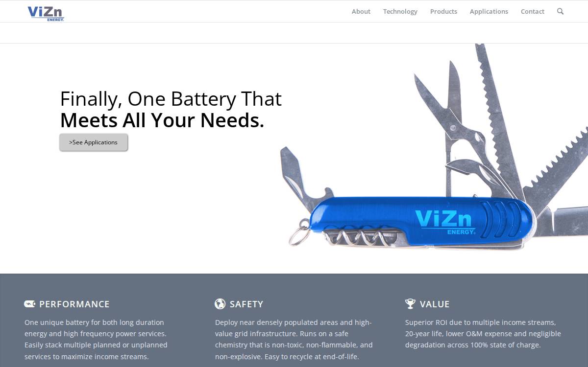 ViZn Energy Systems website preview