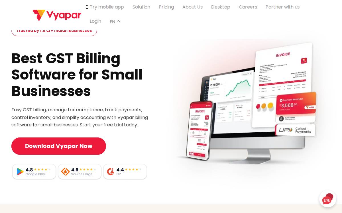 VYAPAR** Book-keeping website preview