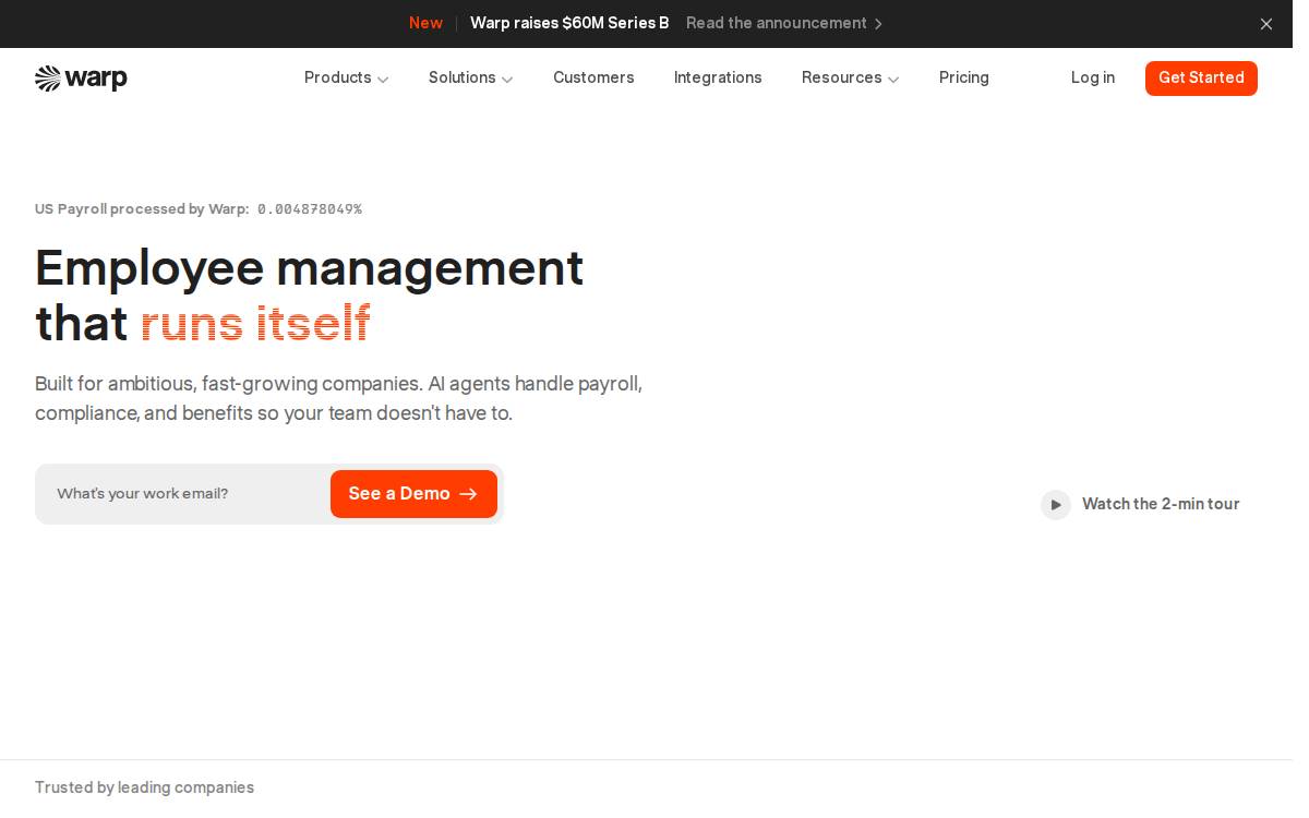 Warp Payroll for startups website preview