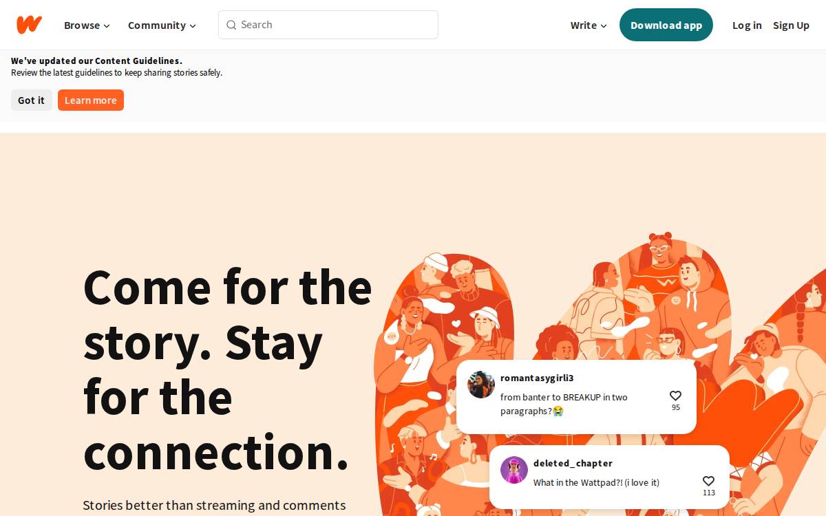 Wattpad website preview