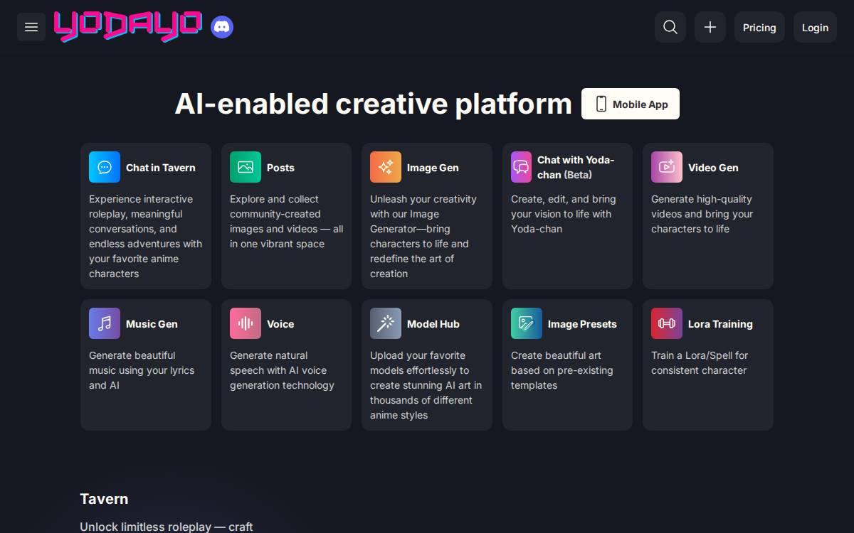 Yodayo website preview