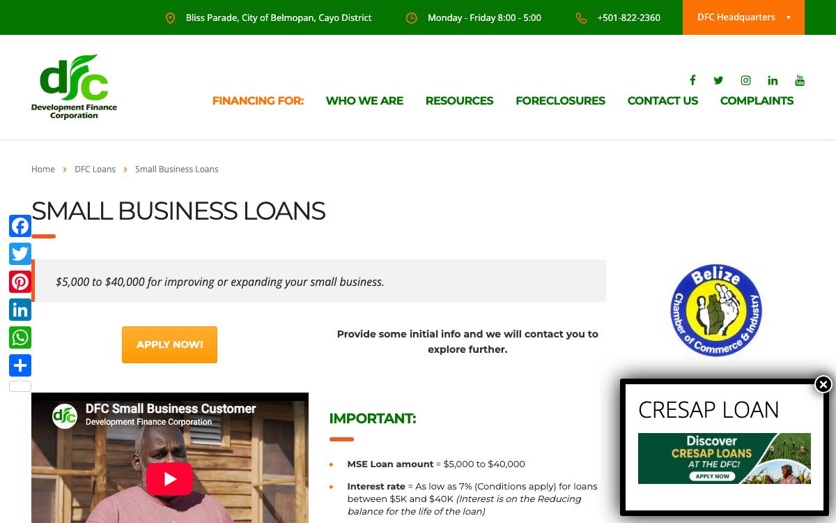 Development Finance Corporation Belize website preview