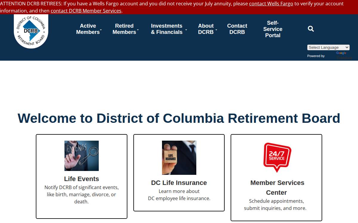 District of Columbia Retirement Board website preview