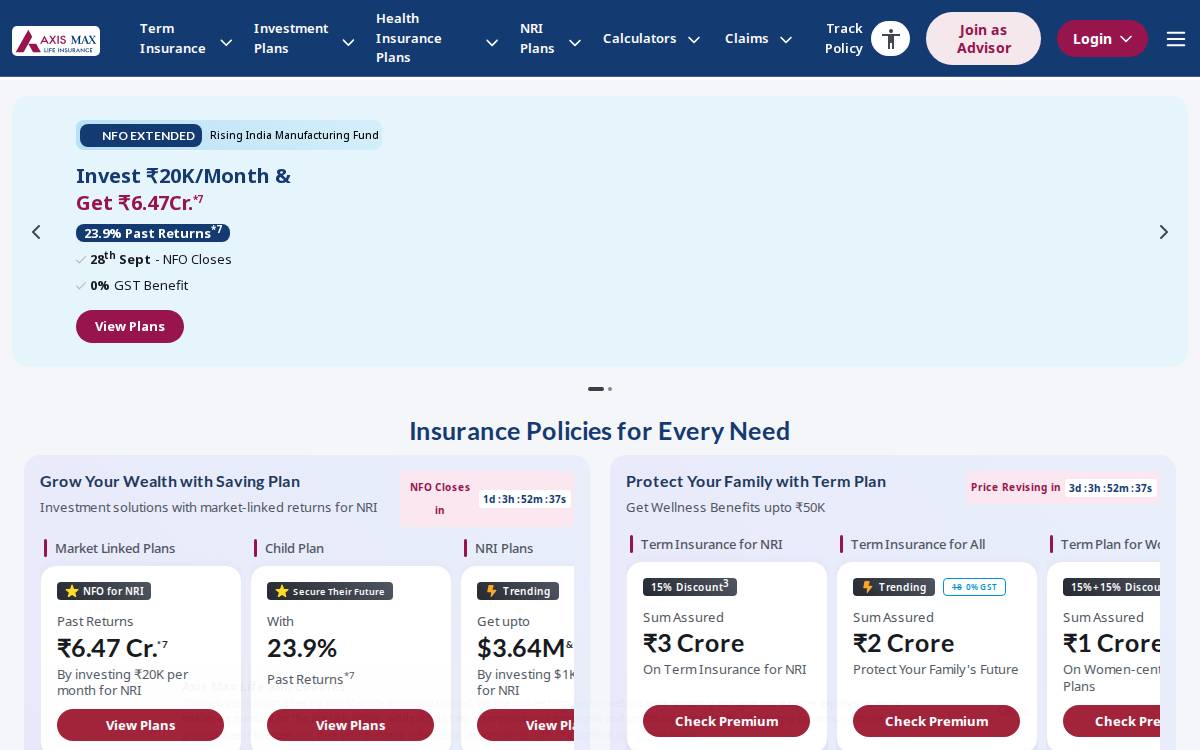 Max Life Insurance website preview