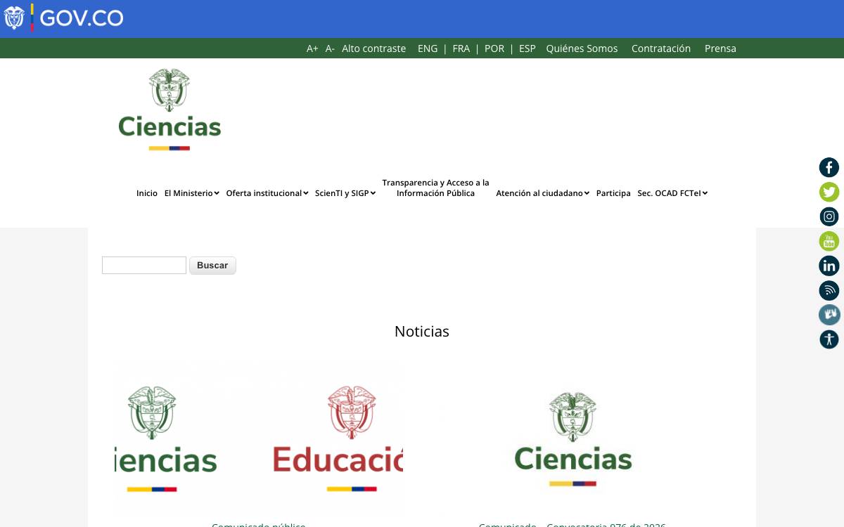 Minciencias — science, technology and innovation calls website preview