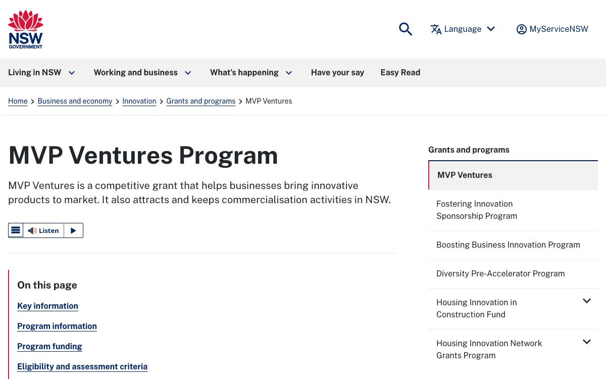 NSW MVP Ventures Program website preview
