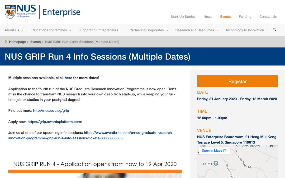 NUS Enterprise GRIP website preview