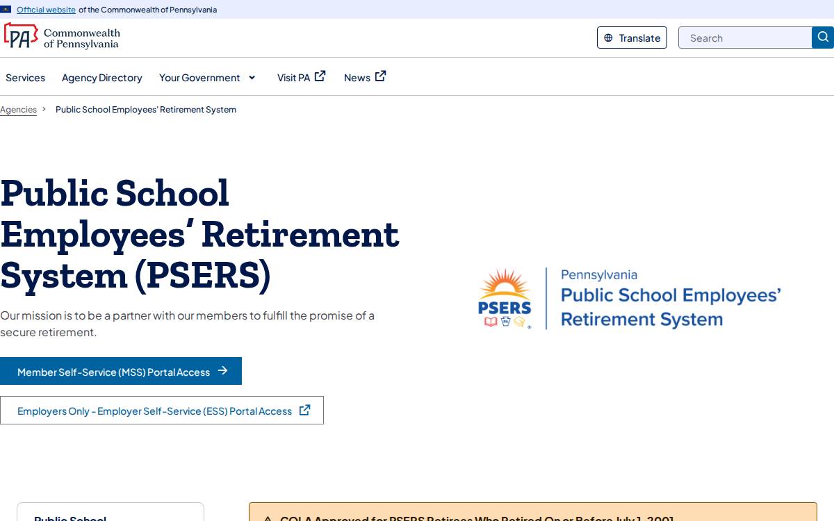 Pennsylvania Public School Employees' Retirement System website preview
