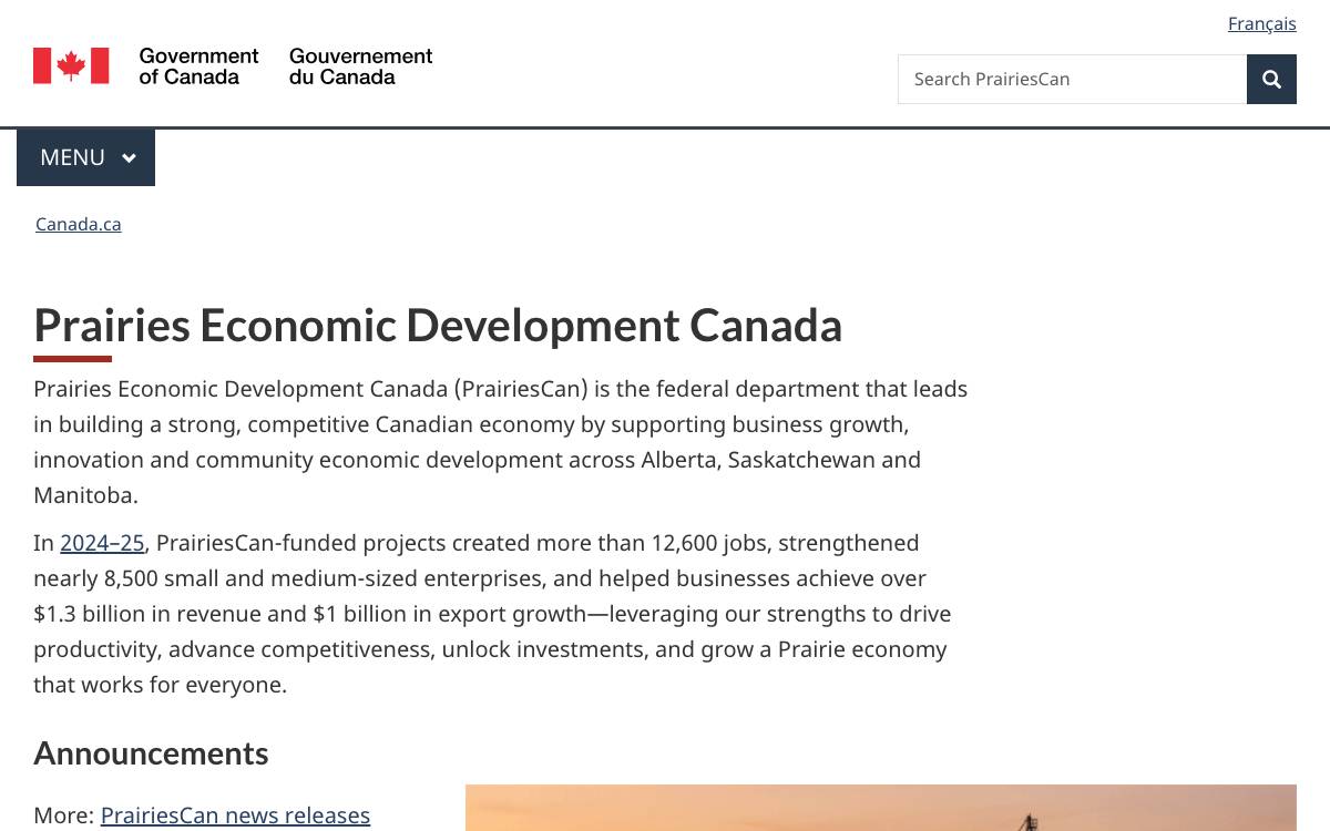 PrairiesCan business funding website preview