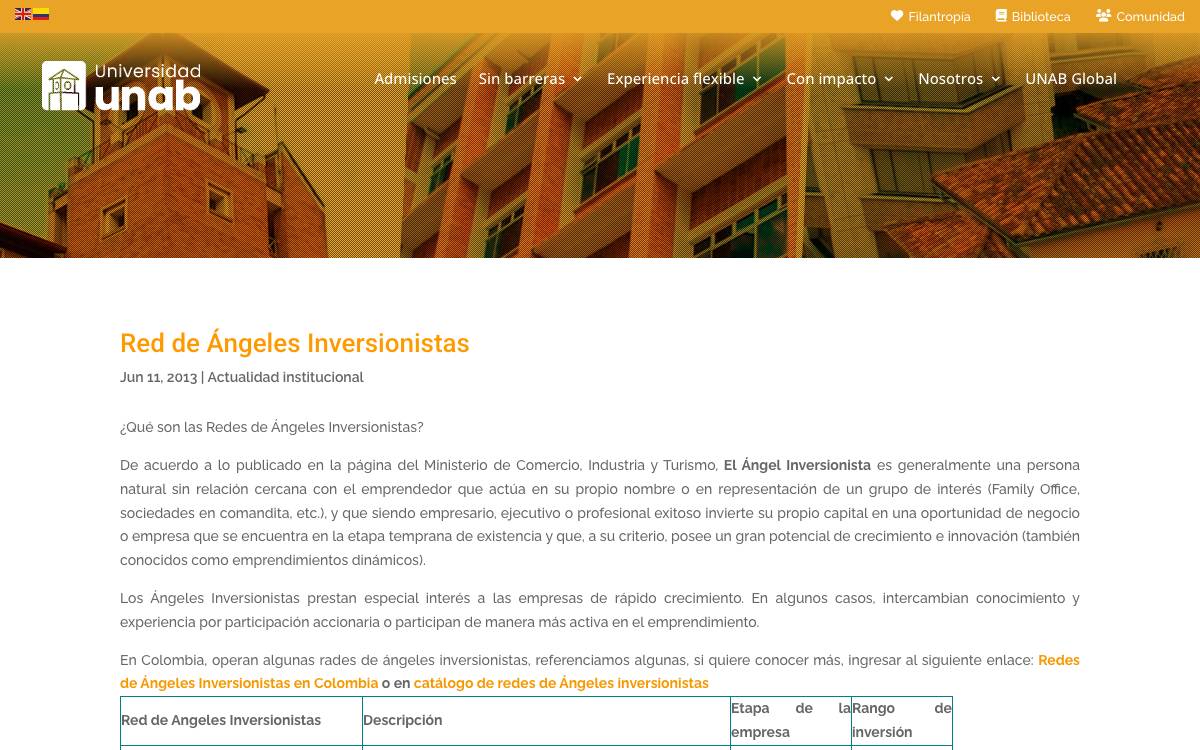 Red de Ángeles Inversionistas Bucaramanga / UNAB website preview