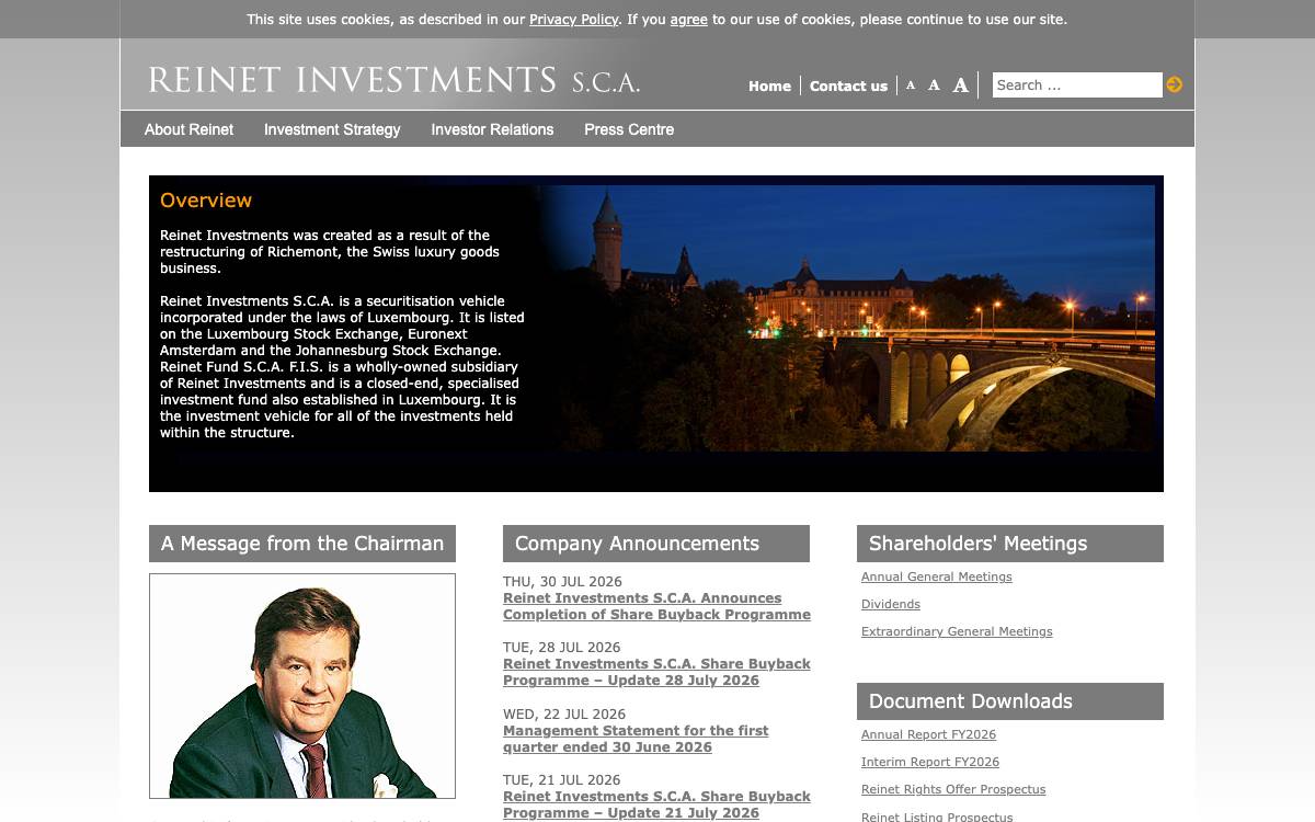 Reinet Investments S.C.A. website preview