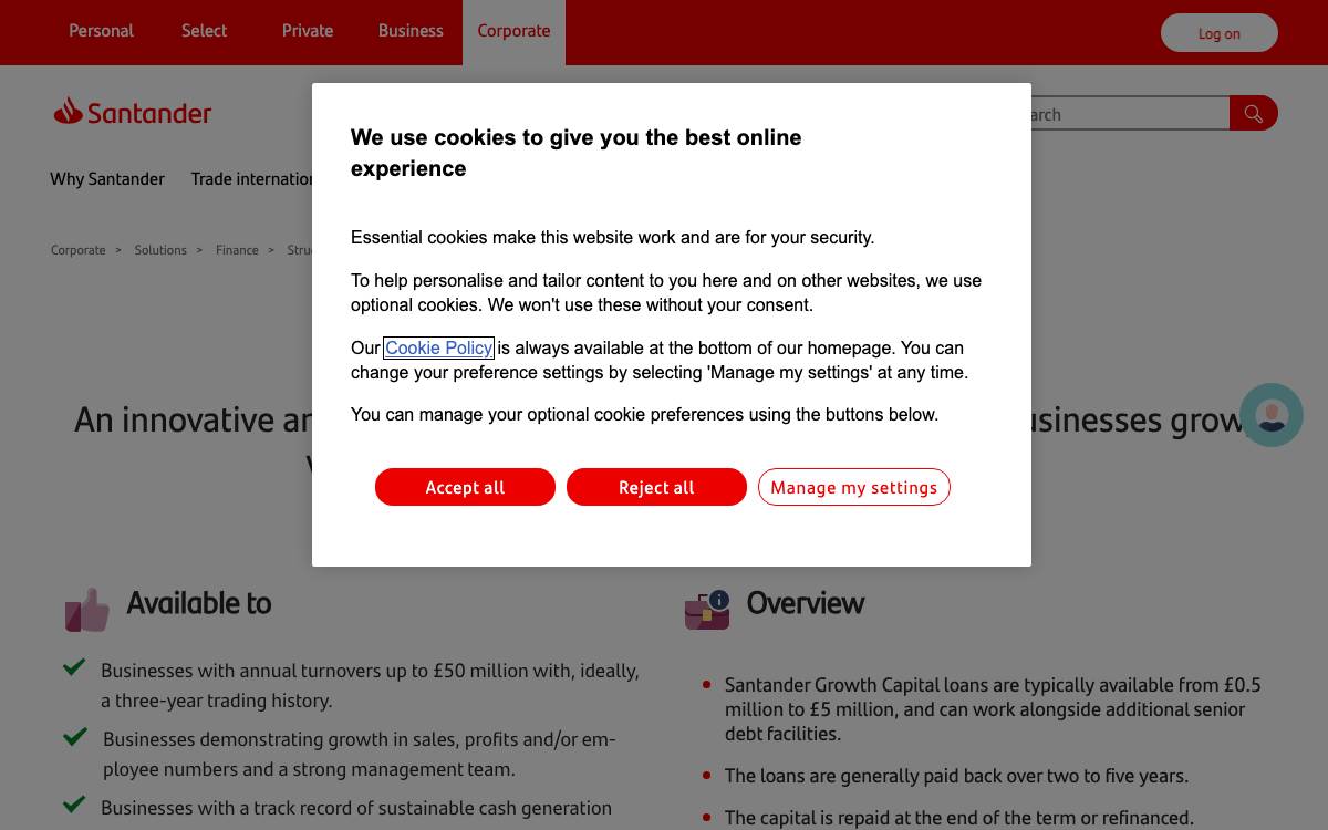 Santander Growth Capital website preview