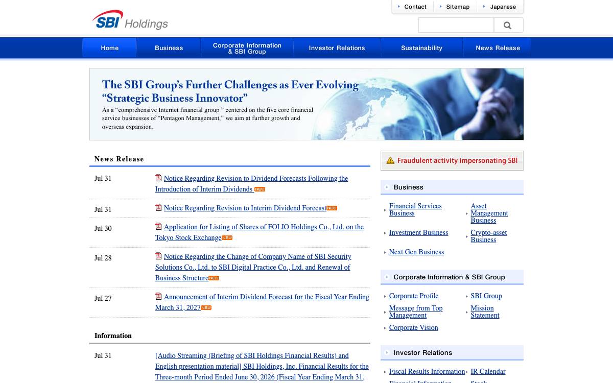 SBI Holdings website preview