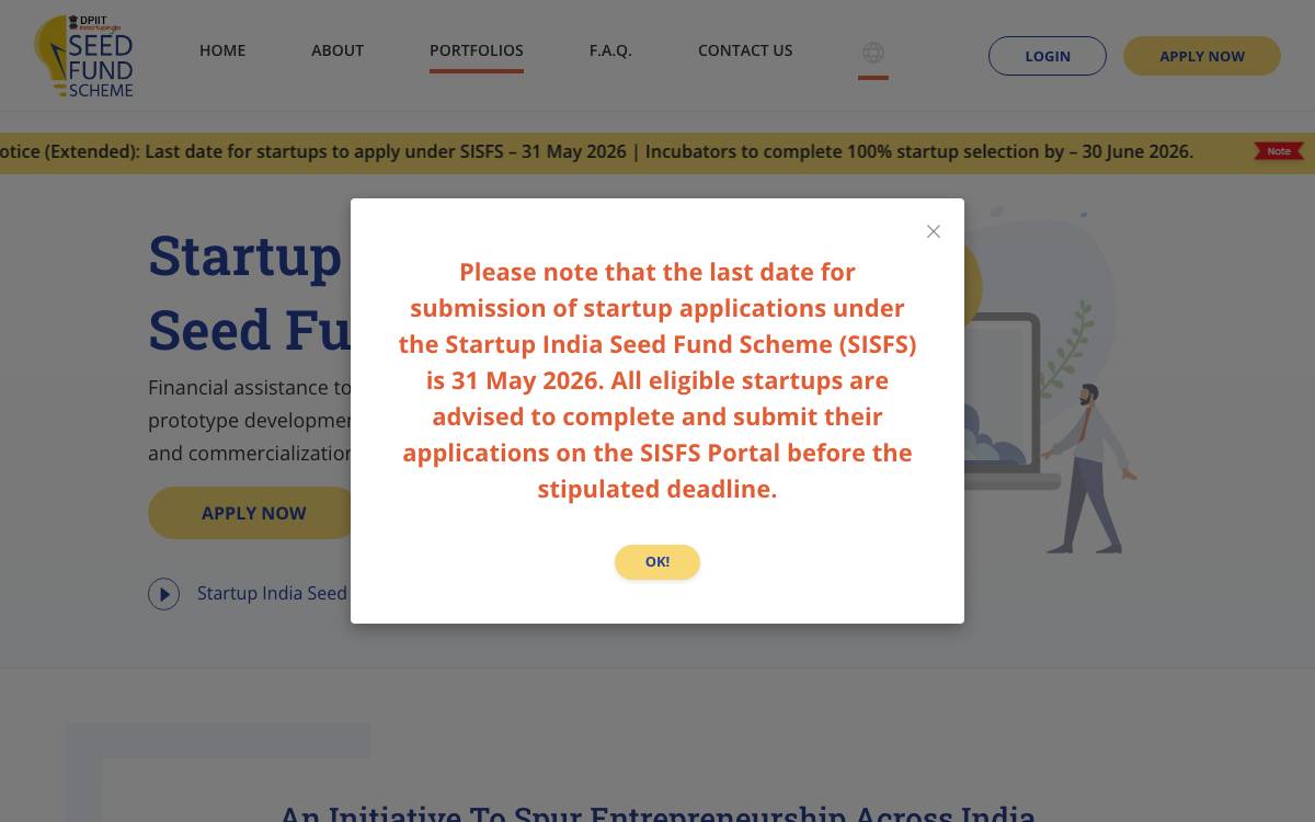 Startup India Seed Fund Scheme website preview
