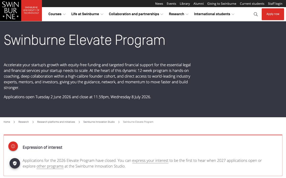 Swinburne Elevate Accelerator website preview