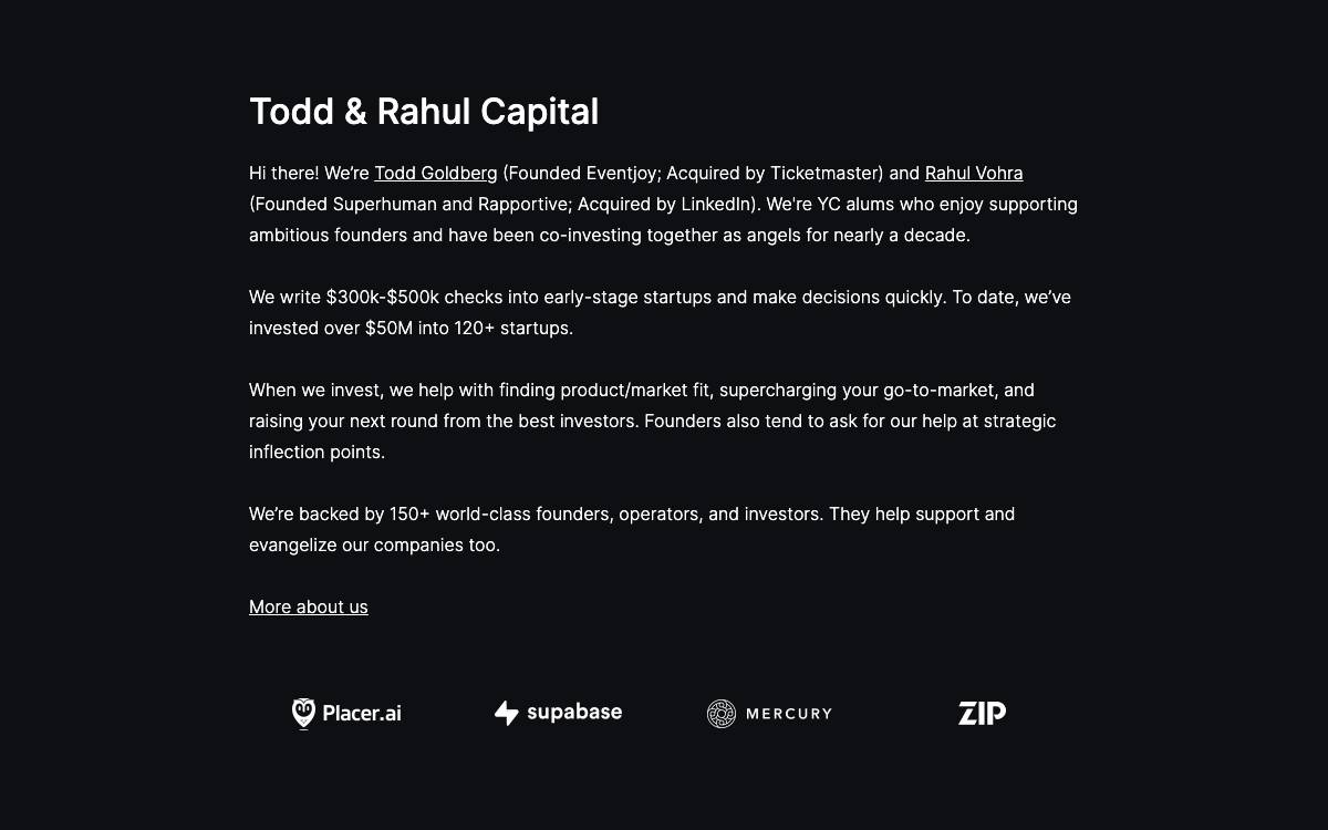 Todd and Rahul’s Angel Fund website preview