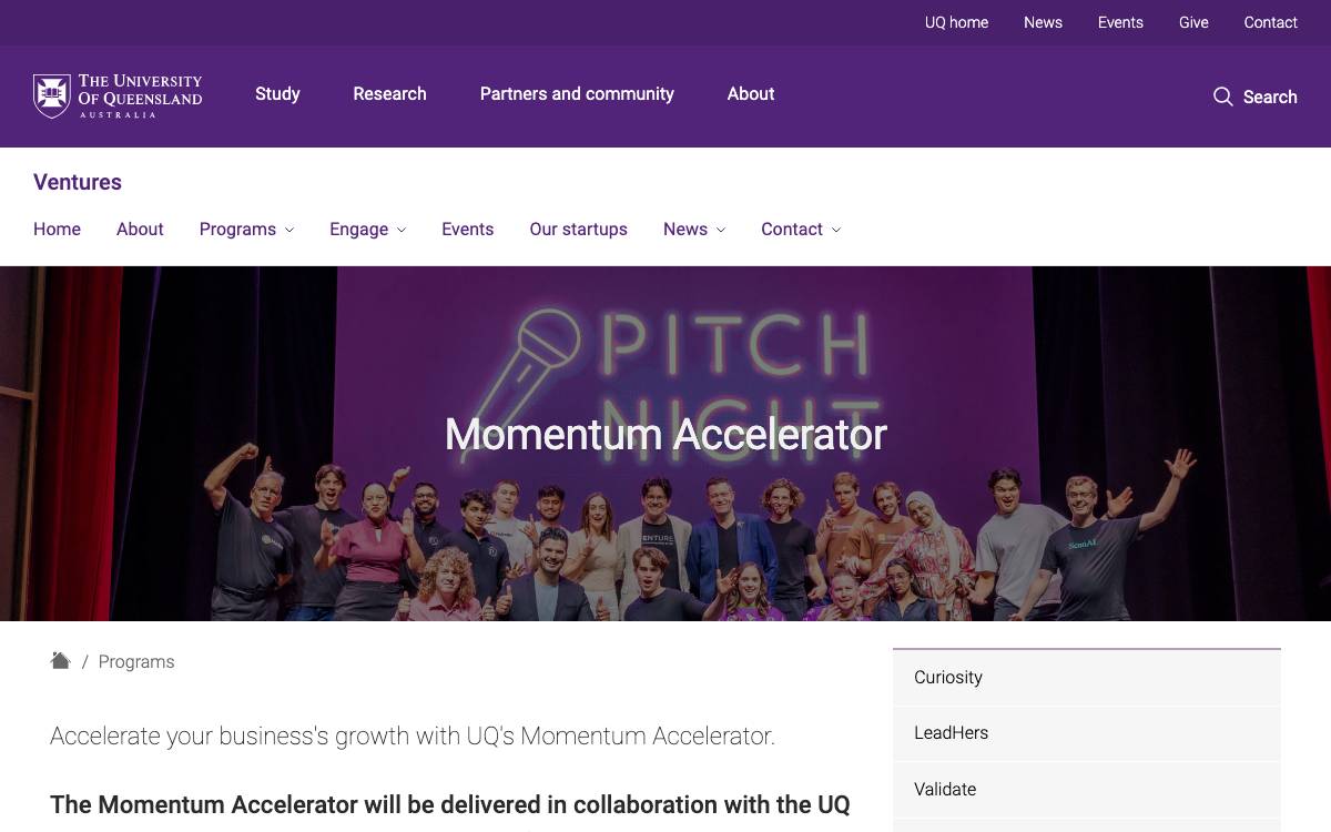 UQ Momentum Accelerator website preview