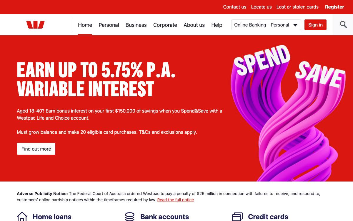 Westpac website preview